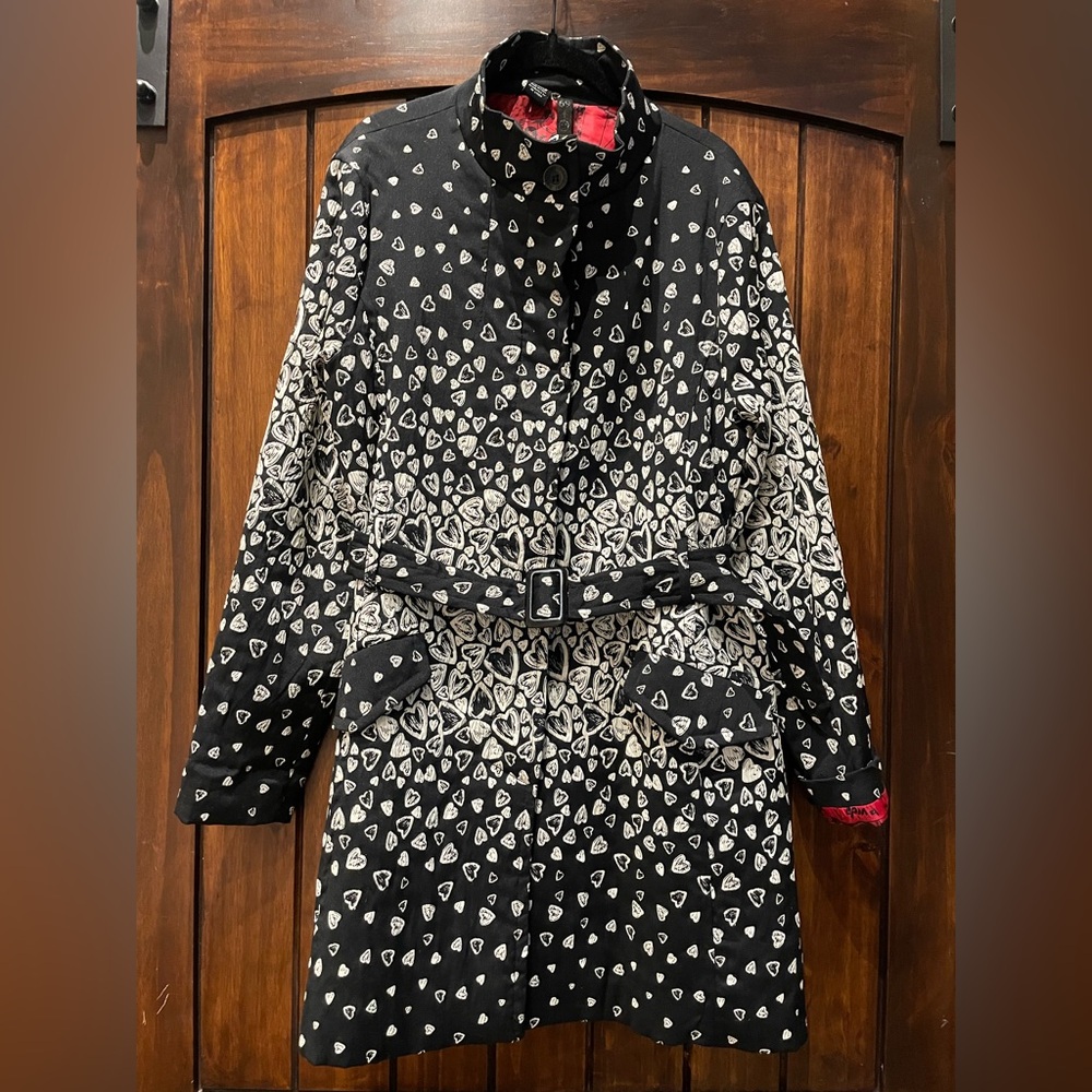 DESIGUAL Black and White Puffed Hearts Trench Style Jacket with Belt Womens M
